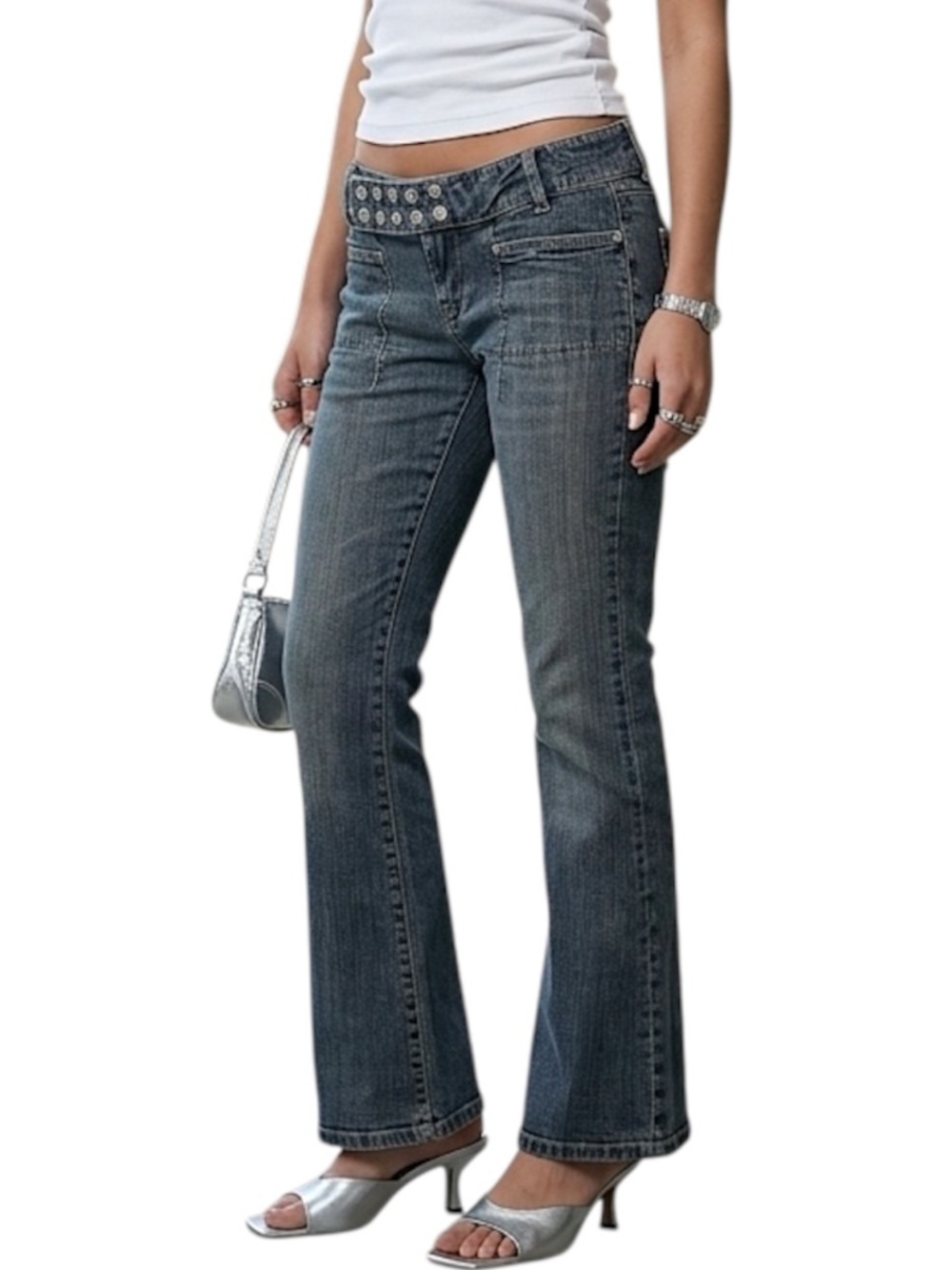 Y2K Parasuco low rise flare studded grommet waist faded blue stretch jeans 28